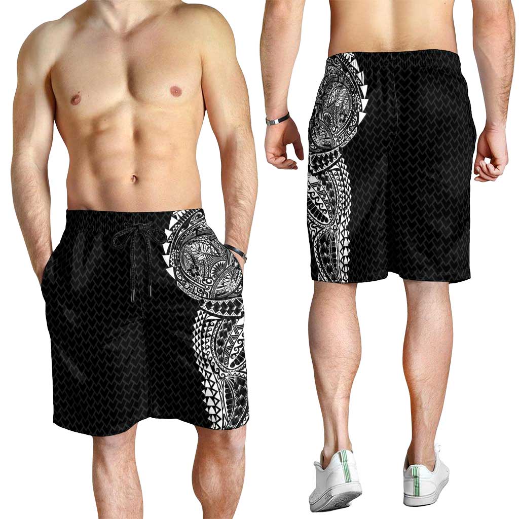 Hawaiian Traditional Tattoos Shorts for Men Kakau Tribal Tropical Plant Motif Black Color