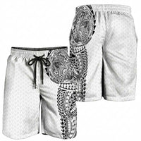 Hawaiian Traditional Tattoos Shorts for Men Kakau Tribal Tropical Plant Motif White Color