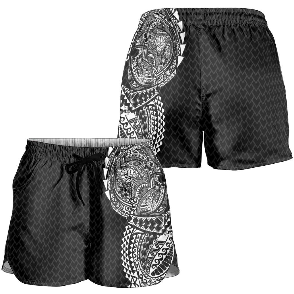Hawaiian Traditional Tattoos Shorts for Women Kakau Tribal Tropical Plant Motif Black Color LT03 - Polynesian Pride