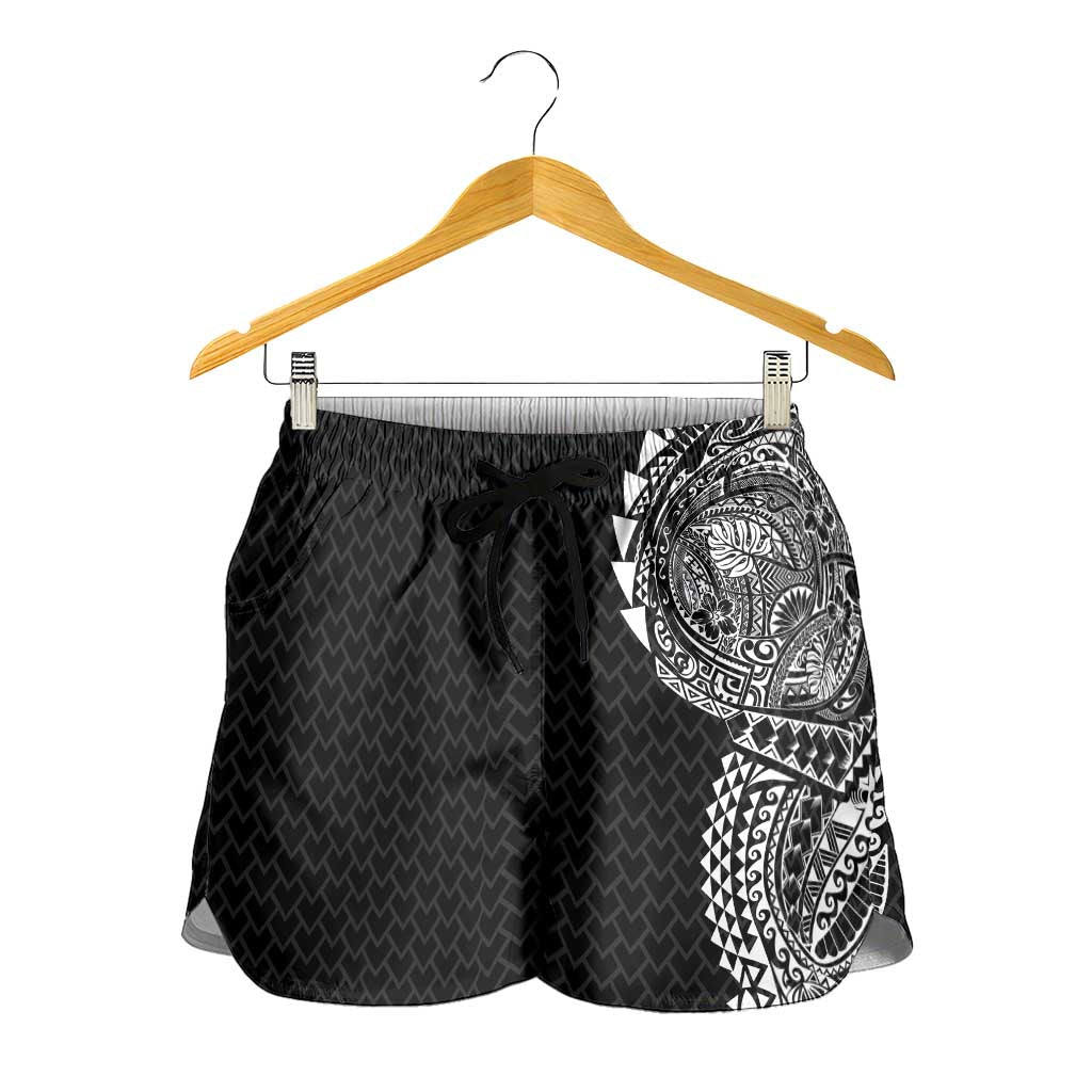 Hawaiian Traditional Tattoos Shorts for Women Kakau Tribal Tropical Plant Motif Black Color LT03 - Polynesian Pride
