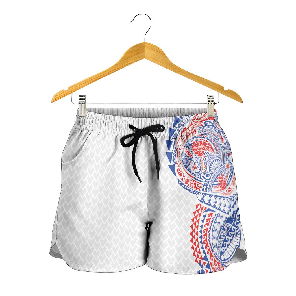 Hawaiian Traditional Tattoos Shorts for Women Kakau Tribal Tropical Plant Motif Hawaii Flag Color Inspired LT03 - Polynesian Pride