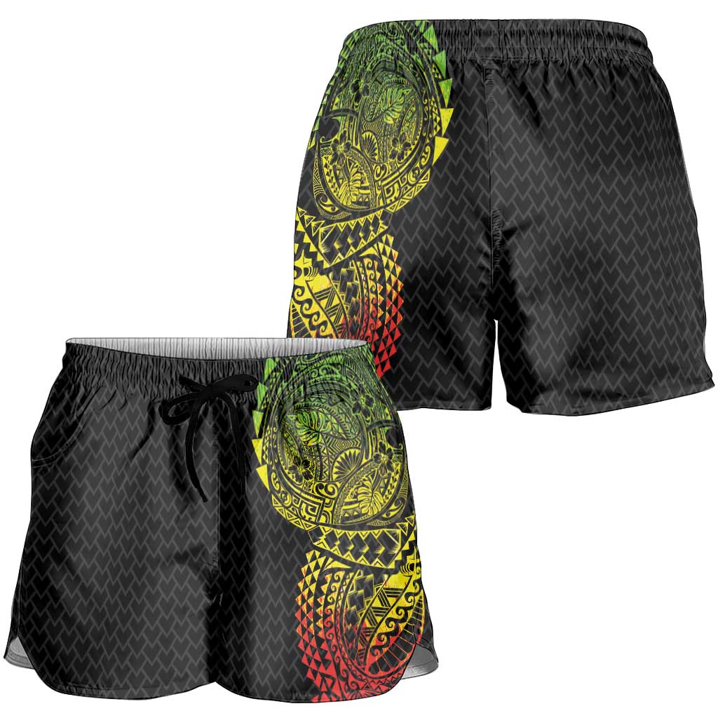 Hawaiian Traditional Tattoos Shorts for Women Kakau Tribal Tropical Plant Motif Kanaka Maoli Flag Color Inspired LT03 - Polynesian Pride