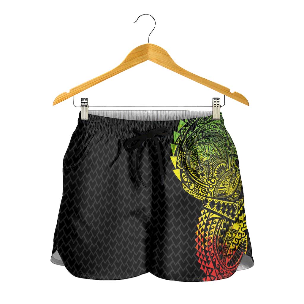 Hawaiian Traditional Tattoos Shorts for Women Kakau Tribal Tropical Plant Motif Kanaka Maoli Flag Color Inspired LT03 - Polynesian Pride