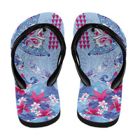 Hawaiian Tribal Manta Ray Flip Flops Kakau Tattoo and Flowers Surfing Waves Pattern Soft Color