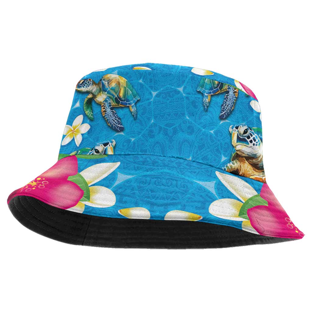 Hawaiian Tropical Flower Honu Bucket Hat Under The Blue Water - Polynesian Pride