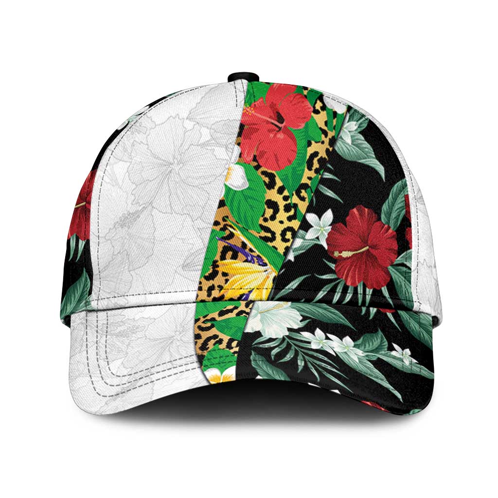 Hawaiian Tropical Flowers and Leaves Classic Cap Leopard Pattern Half White Black Version - Polynesian Pride