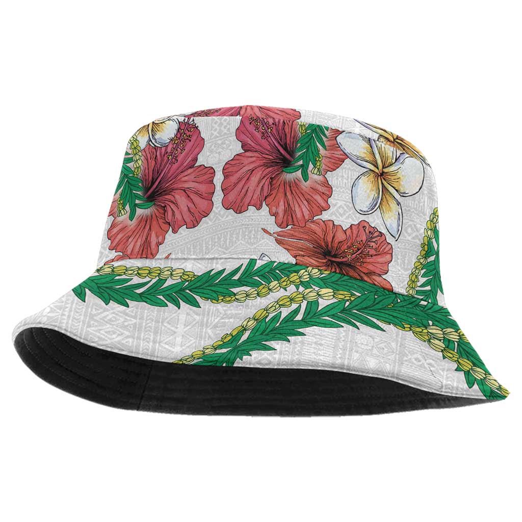 Hawaiian Tropical Flowers and Maile Pikake Bucket Hat Polynesian Tribal Pattern White Color - Polynesian Pride