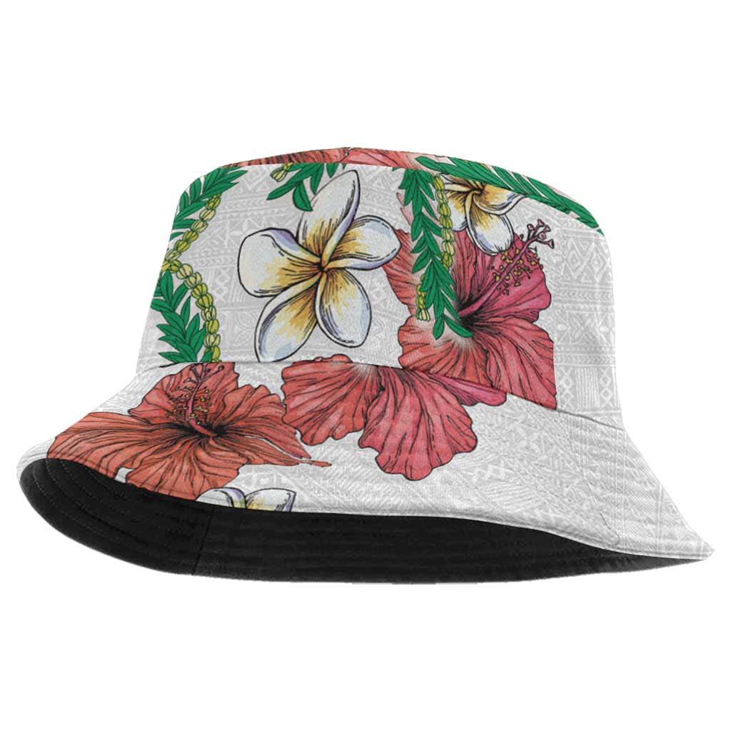 Hawaiian Tropical Flowers and Maile Pikake Bucket Hat Polynesian Tribal Pattern White Color LT03 One Size White - Polynesian Pride