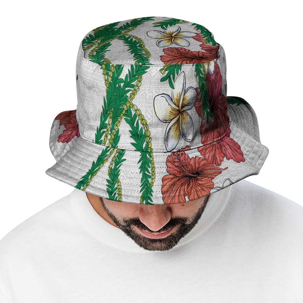 Hawaiian Tropical Flowers and Maile Pikake Bucket Hat Polynesian Tribal Pattern White Color LT03 - Polynesian Pride
