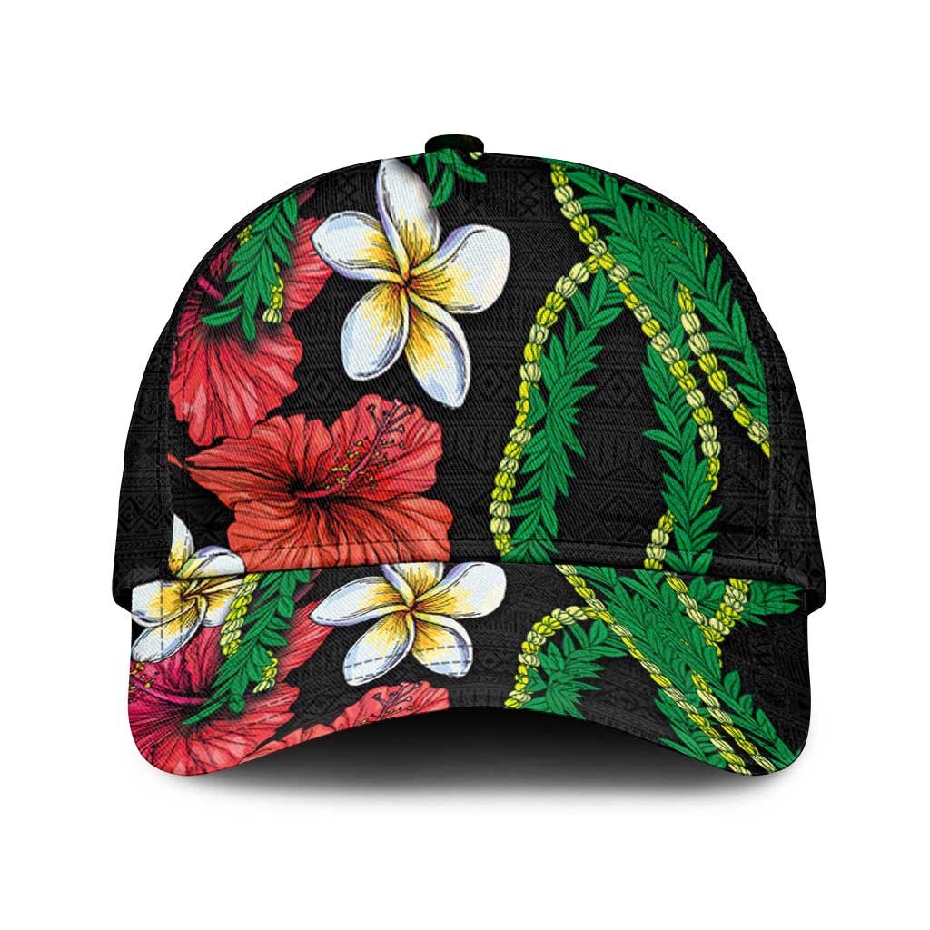 Hawaiian Tropical Flowers and Maile Pikake Classic Cap Polynesian Tribal Pattern Black Color - Polynesian Pride