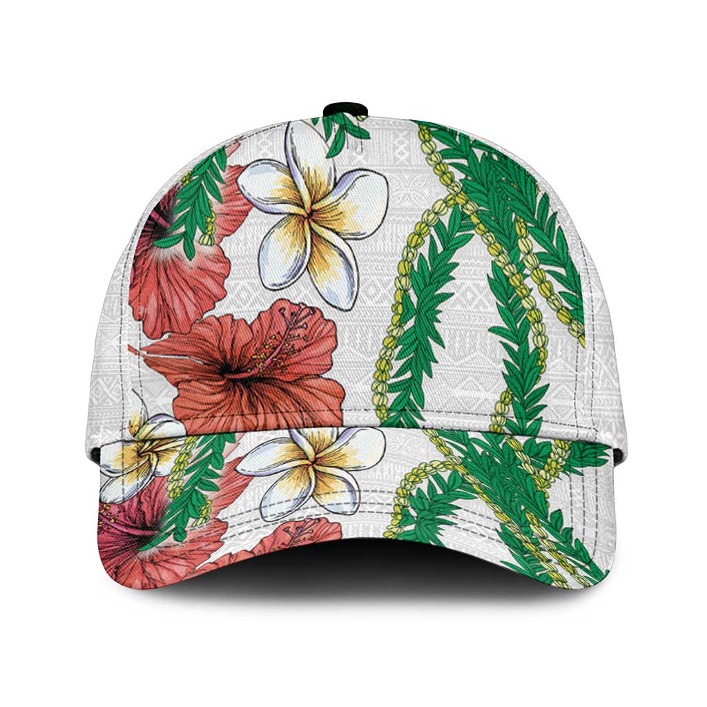 Hawaiian Tropical Flowers and Maile Pikake Classic Cap Polynesian Tribal Pattern White Color - Polynesian Pride