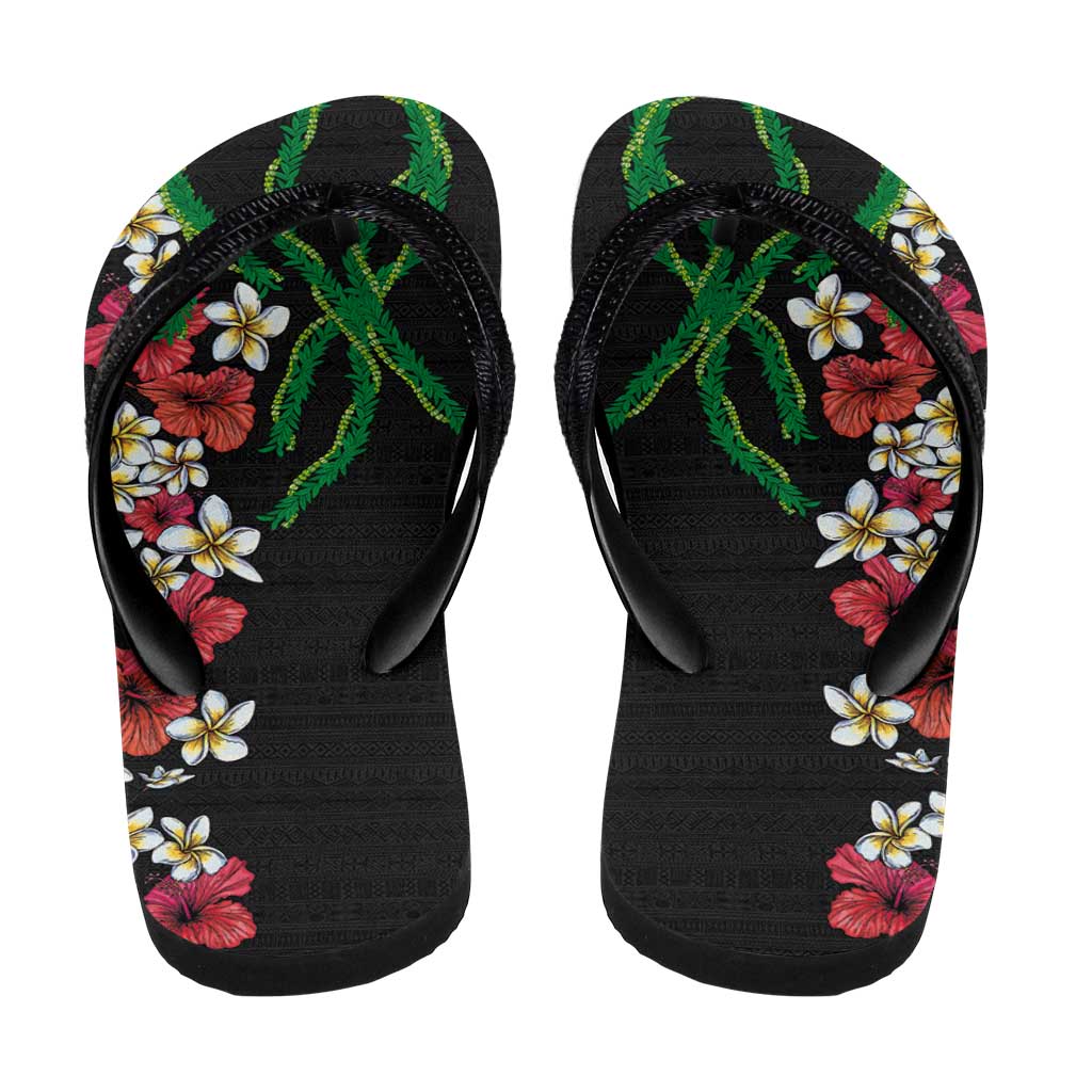 Hawaiian Tropical Flowers and Maile Pikake Flip Flops Polynesian Tribal Pattern Black Color