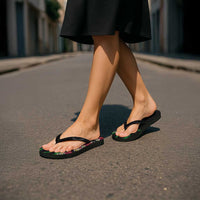 Hawaiian Tropical Flowers and Maile Pikake Flip Flops Polynesian Tribal Pattern Black Color