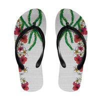 Hawaiian Tropical Flowers and Maile Pikake Flip Flops Polynesian Tribal Pattern White Color