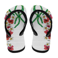 Hawaiian Tropical Flowers and Maile Pikake Flip Flops Polynesian Tribal Pattern White Color