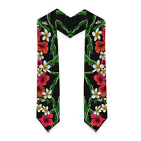 Hawaiian Tropical Flowers and Maile Pikake Graduation Stole Polynesian Tribal Pattern Black Color