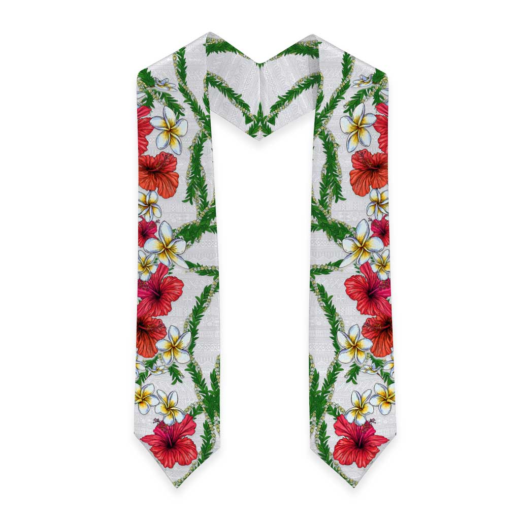 Hawaiian Tropical Flowers and Maile Pikake Graduation Stole Polynesian Tribal Pattern White Color