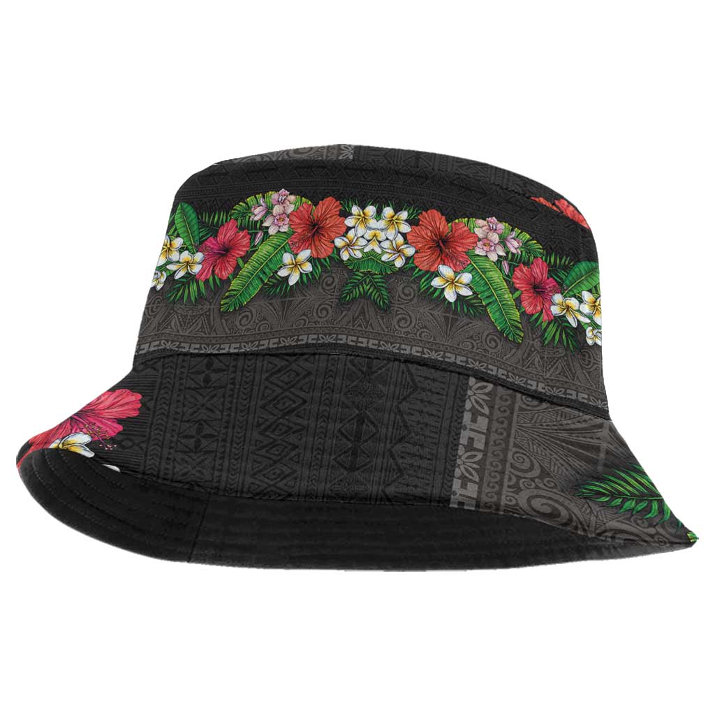 Hawaiian Tropical Flowers and Tribal Polynesian Tattoo Bucket Hat Black Color - Polynesian Pride