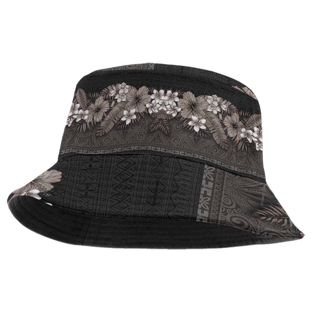 Hawaiian Tropical Flowers and Tribal Polynesian Tattoo Bucket Hat Grayscale Mode - Polynesian Pride