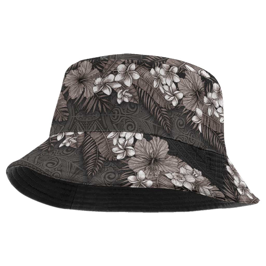 Hawaiian Tropical Flowers and Tribal Polynesian Tattoo Bucket Hat Grayscale Mode LT03 One Size Black - Polynesian Pride