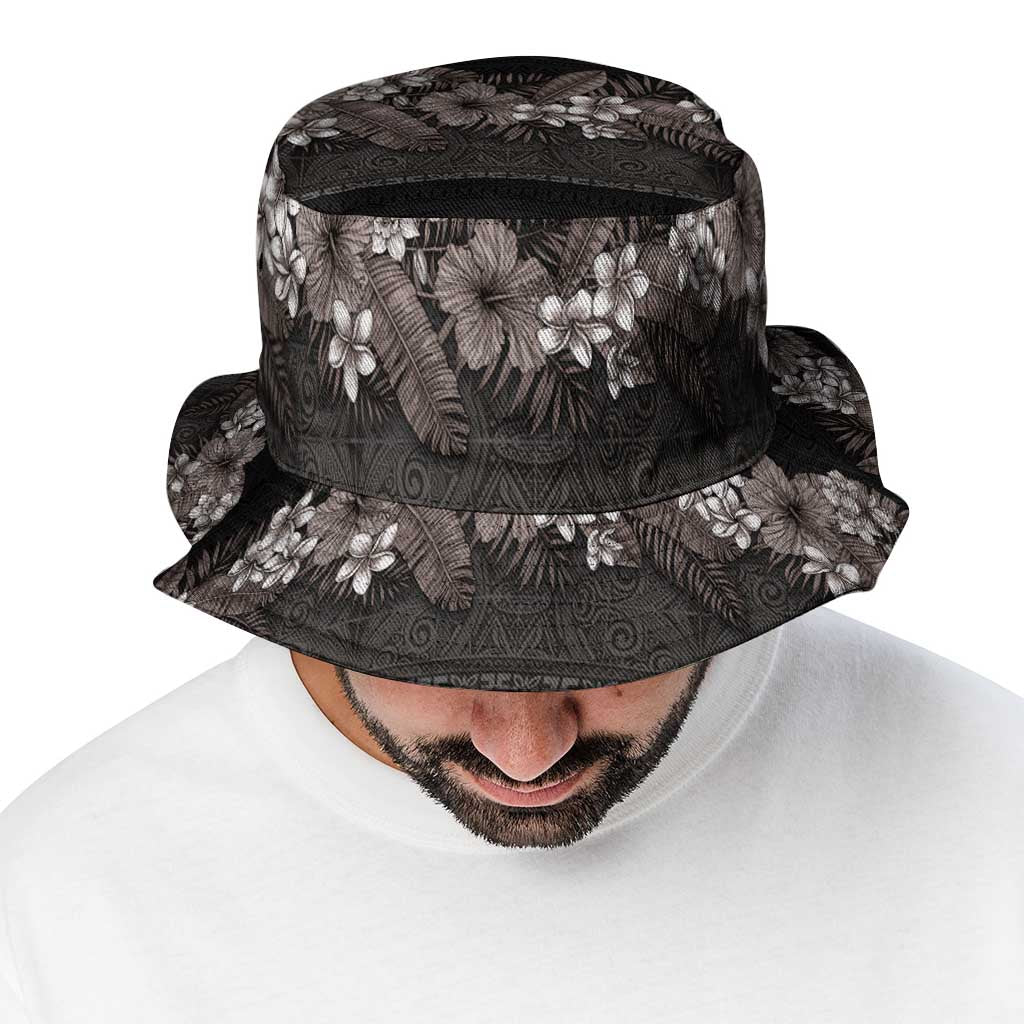 Hawaiian Tropical Flowers and Tribal Polynesian Tattoo Bucket Hat Grayscale Mode LT03 - Polynesian Pride