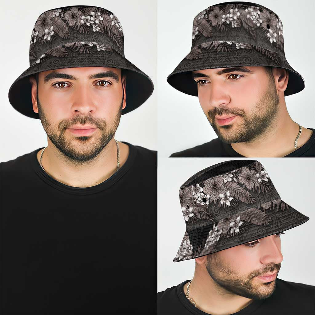 Hawaiian Tropical Flowers and Tribal Polynesian Tattoo Bucket Hat Grayscale Mode LT03 - Polynesian Pride