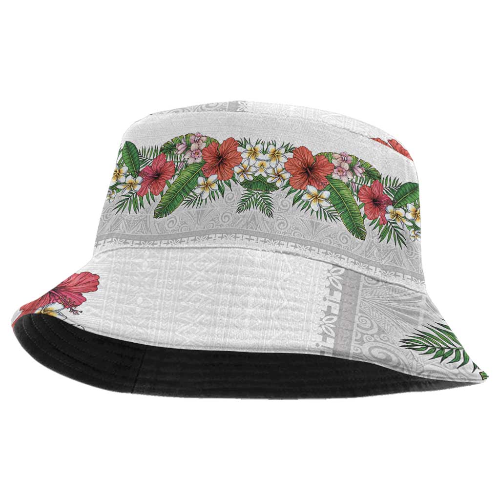 Hawaiian Tropical Flowers and Tribal Polynesian Tattoo Bucket Hat White Color - Polynesian Pride