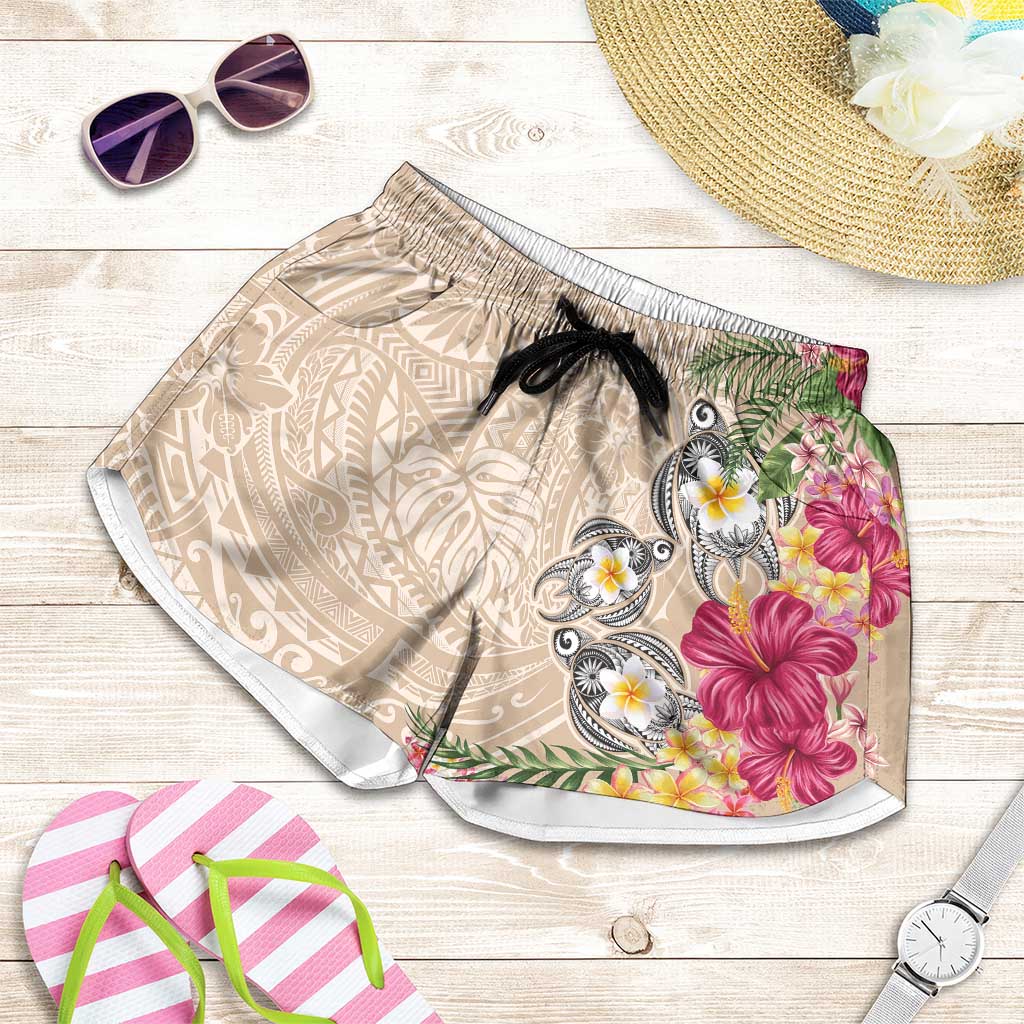 Hawaiian Tropical Flowers and Tribal Turtles Shorts for Women Polynesian Art Motifs Beige Color LT03 Beige - Polynesian Pride