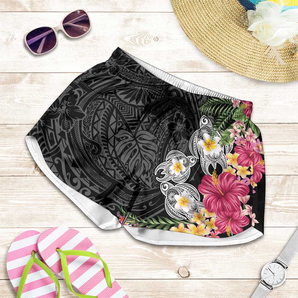Hawaiian Tropical Flowers and Tribal Turtles Shorts for Women Polynesian Art Motifs Black Color LT03 Black - Polynesian Pride