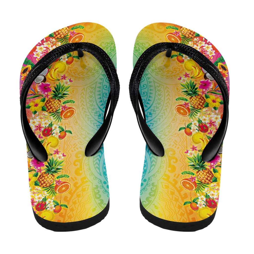 Hawaiian Tropical Fruits and Plants Flip Flops Kakau Pattern Summer Vibe