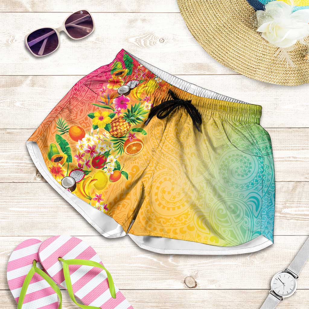 Hawaiian Tropical Fruits and Plants Shorts for Women Kakau Pattern Summer Vibe LT03 Multicolor - Polynesian Pride