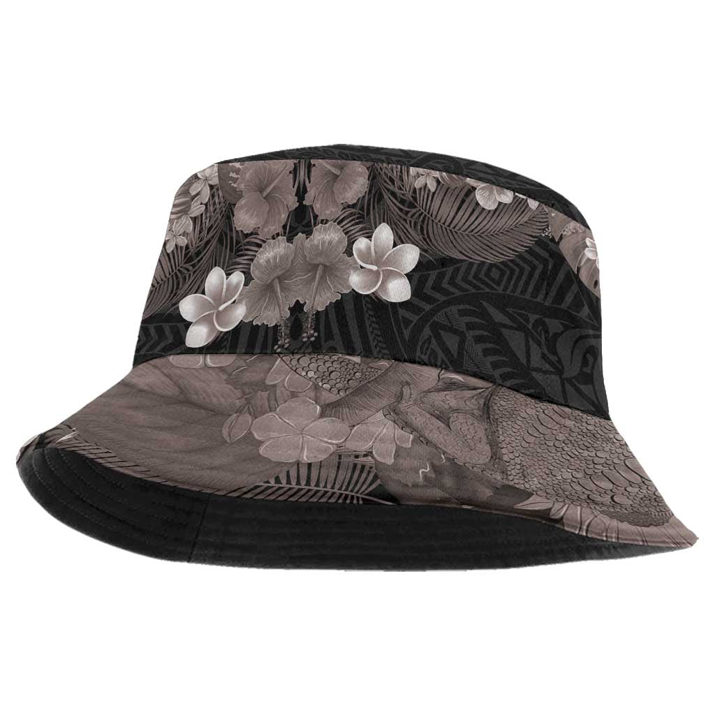 Hawaiian Tropical Plants and Chameleon Bucket Hat Polynesian Art Grayscale - Polynesian Pride