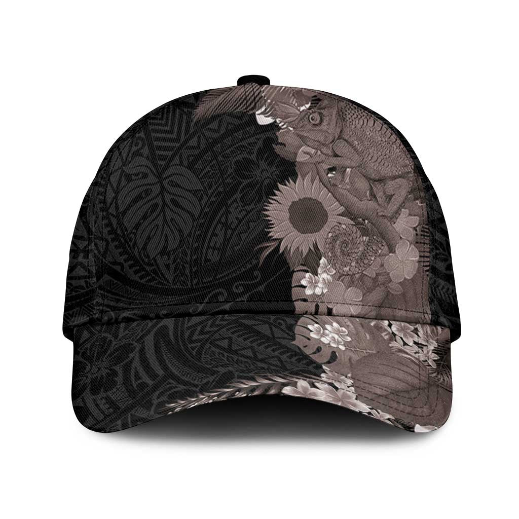 Hawaiian Tropical Plants and Chameleon Classic Cap Polynesian Art Grayscale - Polynesian Pride