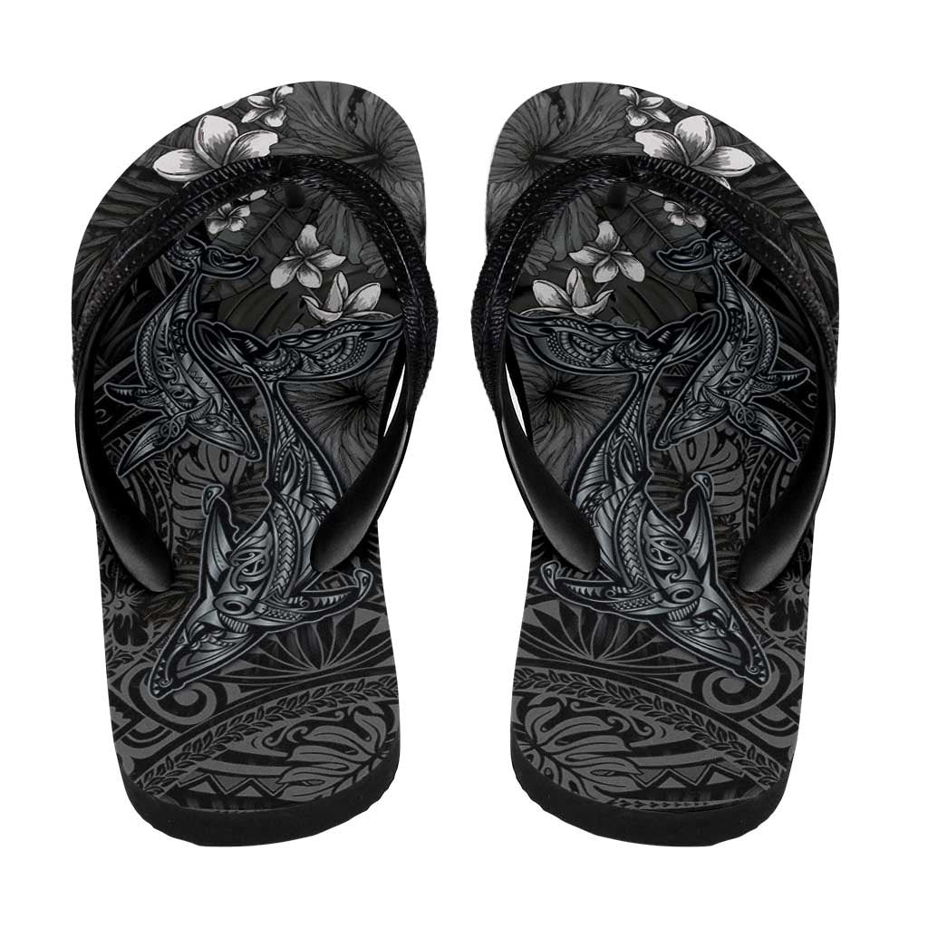 Hawaiian Tropical Plants and Tribal Whales Flip Flops Polynesian Art Tattoo Grayscale