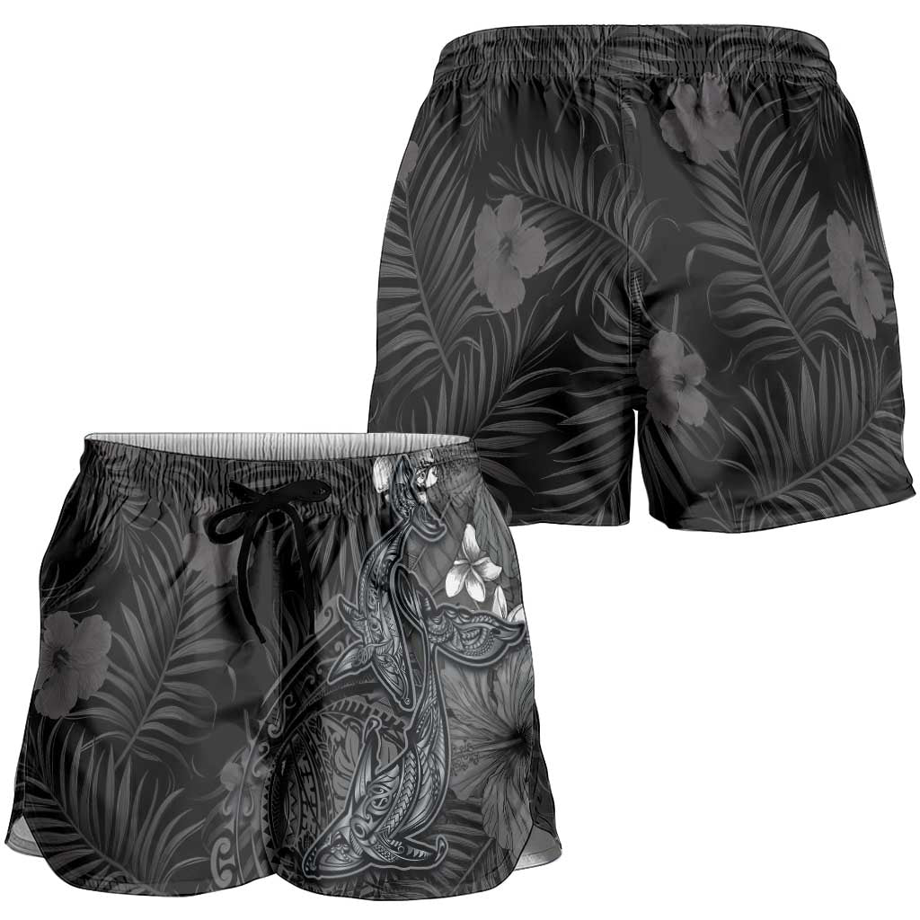Hawaiian Tropical Plants and Tribal Whales Shorts for Women Polynesian Art Tattoo Grayscale