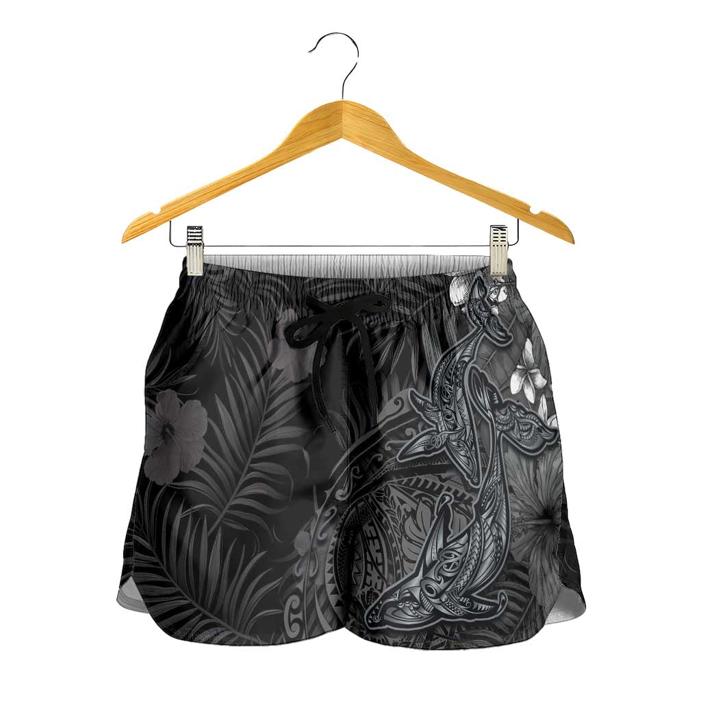 Hawaiian Tropical Plants and Tribal Whales Shorts for Women Polynesian Art Tattoo Grayscale