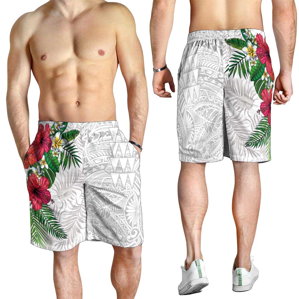 Hawaiian Tropical Plants Shorts for Men Kakau Tattoo and Polynesian Pattern Half Black White