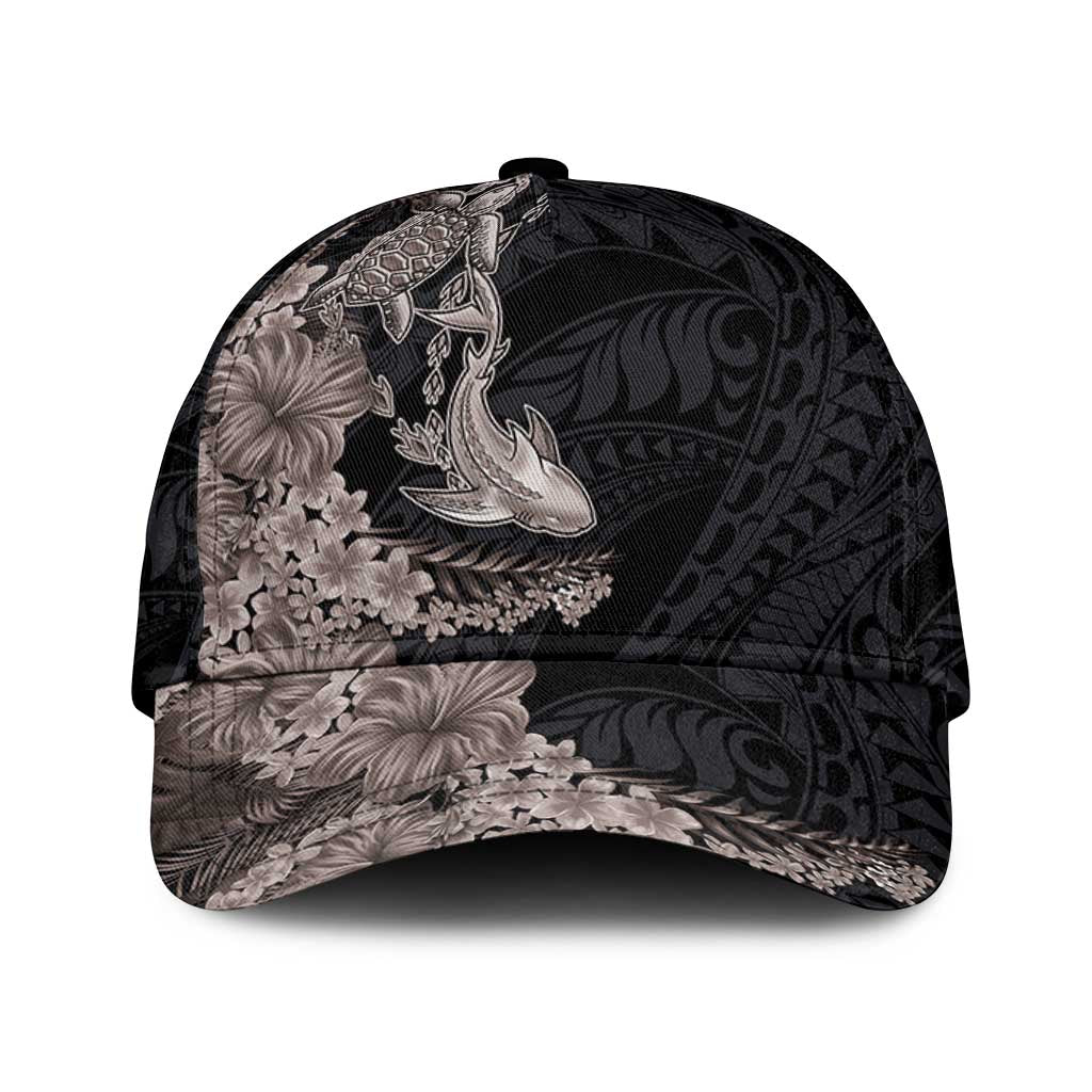Hawaiian Tropical Plants Turtle and Shark Classic Cap Polynesian Art Tattoo Grayscale Color LT03 Universal Fit Black - Polynesian Pride