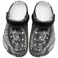 Hawaiian Turtle and Shark Clogs Shoes Kakau Tribal with Polynesian Pattern Black Color