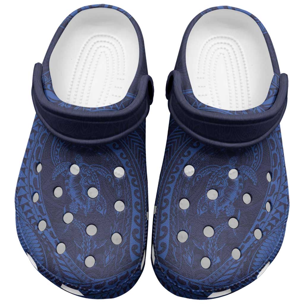 Hawaiian Turtle and Shark Clogs Shoes Kakau Tribal with Polynesian Pattern Blue Color