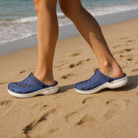 Hawaiian Turtle and Shark Clogs Shoes Kakau Tribal with Polynesian Pattern Blue Color