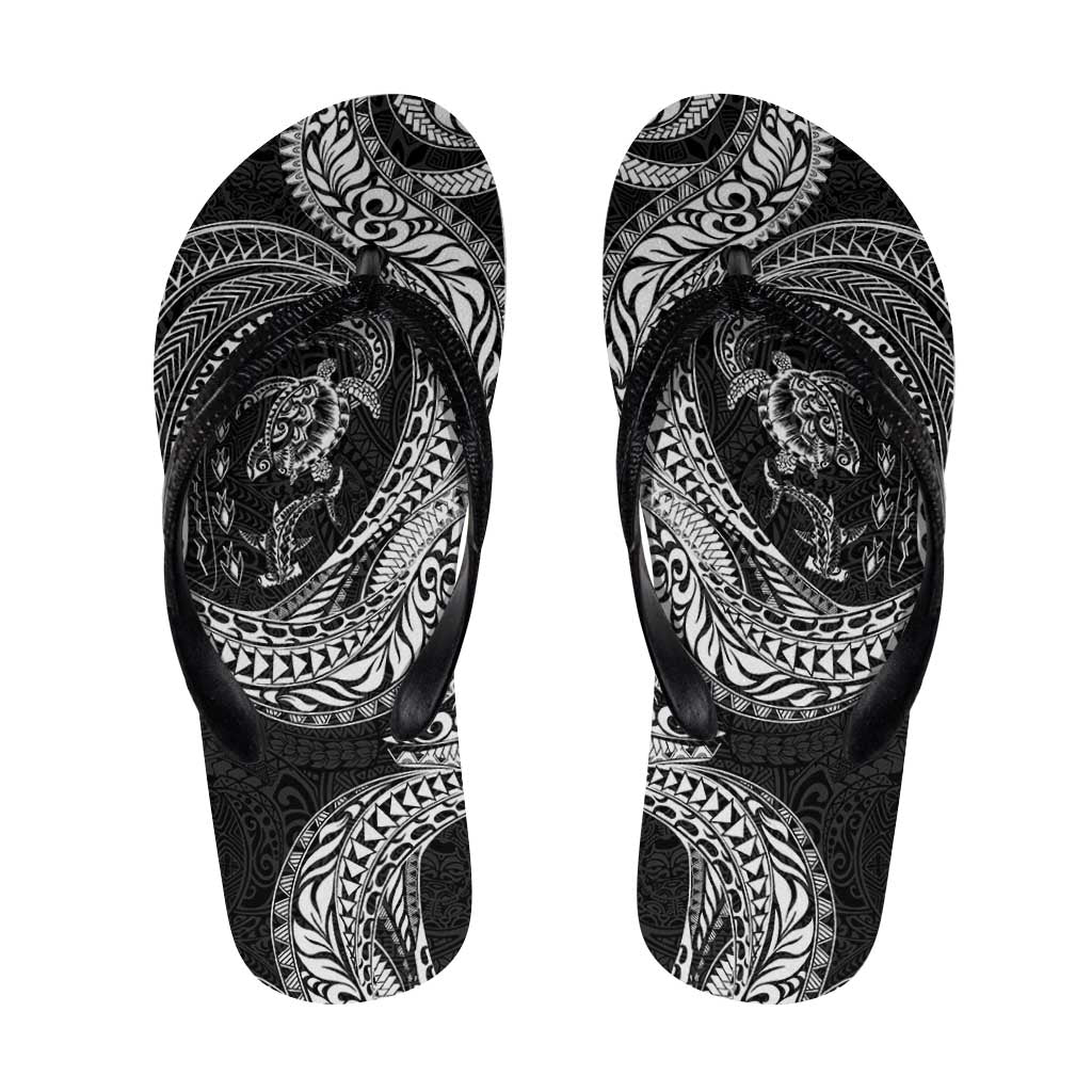 Hawaiian Turtle and Shark Flip Flops Kakau Tribal with Polynesian Pattern Black Color