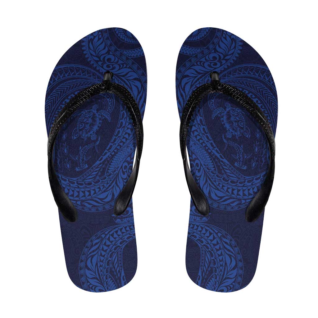 Hawaiian Turtle and Shark Flip Flops Kakau Tribal with Polynesian Pattern Blue Color