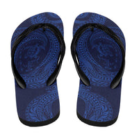 Hawaiian Turtle and Shark Flip Flops Kakau Tribal with Polynesian Pattern Blue Color