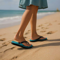 Hawaiian Turtle and Shark Flip Flops Kakau Tribal with Polynesian Pattern Turquoise Color