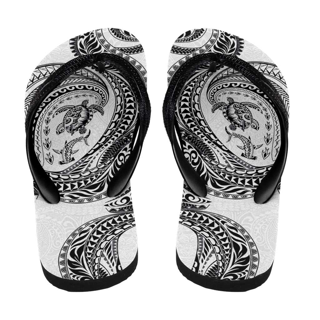 Hawaiian Turtle and Shark Flip Flops Kakau Tribal with Polynesian Pattern White Color