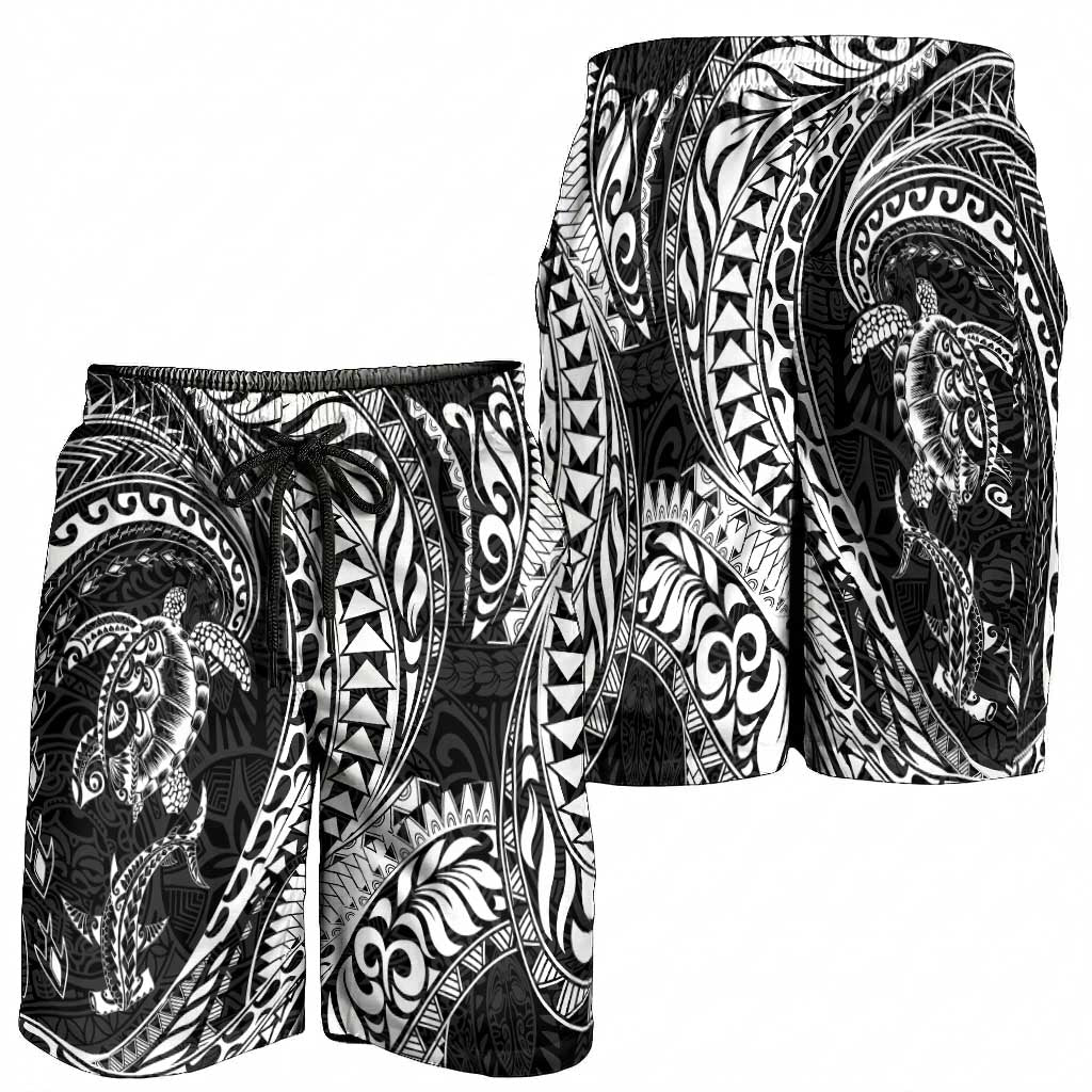 Hawaiian Turtle and Shark Shorts for Men Kakau Tribal with Polynesian Pattern Black Color