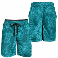 Hawaiian Turtle and Shark Shorts for Men Kakau Tribal with Polynesian Pattern Turquoise Color
