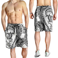 Hawaiian Turtle and Shark Shorts for Men Kakau Tribal with Polynesian Pattern White Color