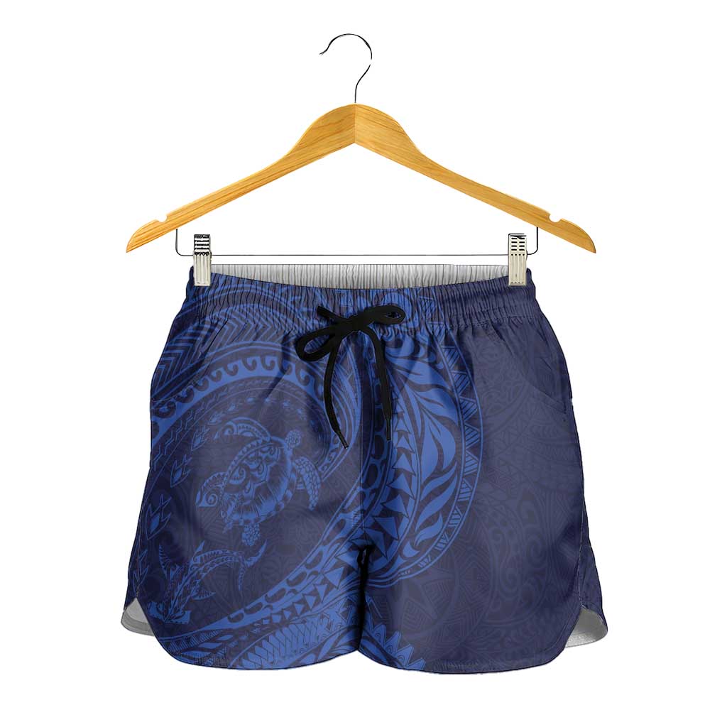 Hawaiian Turtle and Shark Shorts for Women Kakau Tribal with Polynesian Pattern Blue Color